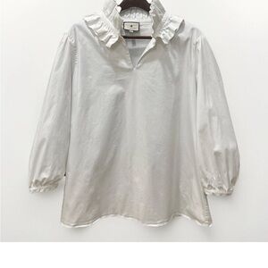 Tuckernuck White Stretch Poplin Ruffle Neck Bouvier Blouse, Size XXL